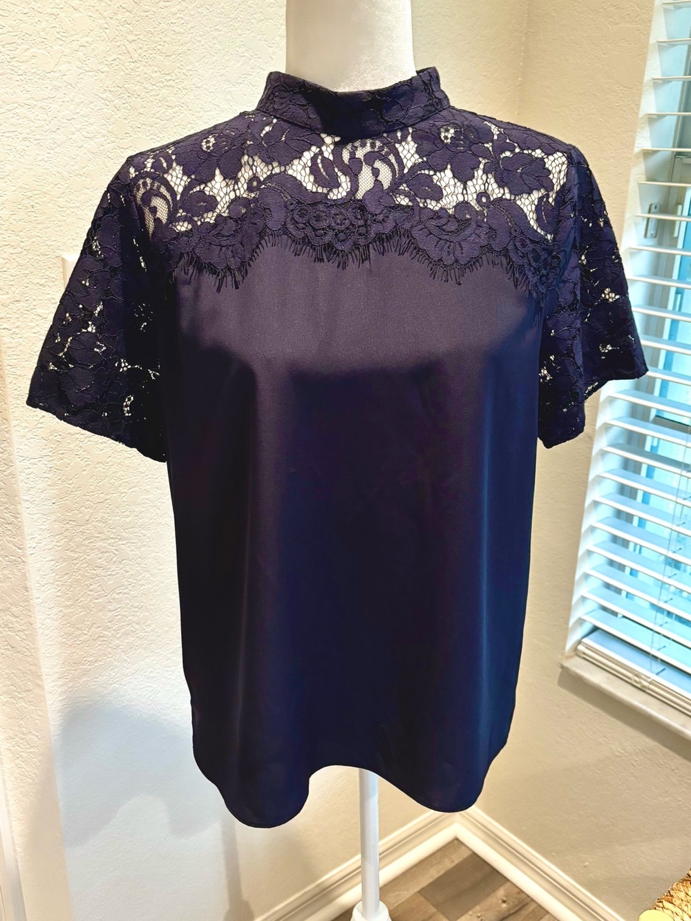 Ann Taylor Navy Lace Yoke Mock Neck Blouse